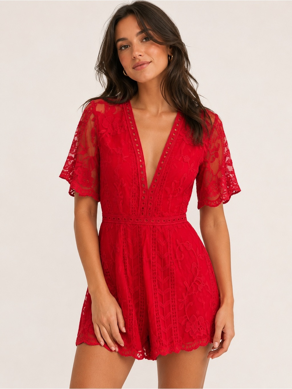Socialite Red Lace Deep V Romper